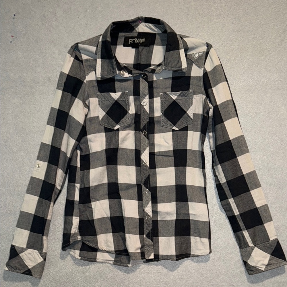 FOX Racing black plaid button down shirt XS